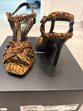 Saint Laurent Leopard-Print T-Strap High Heel Sandals - Black & Brown
